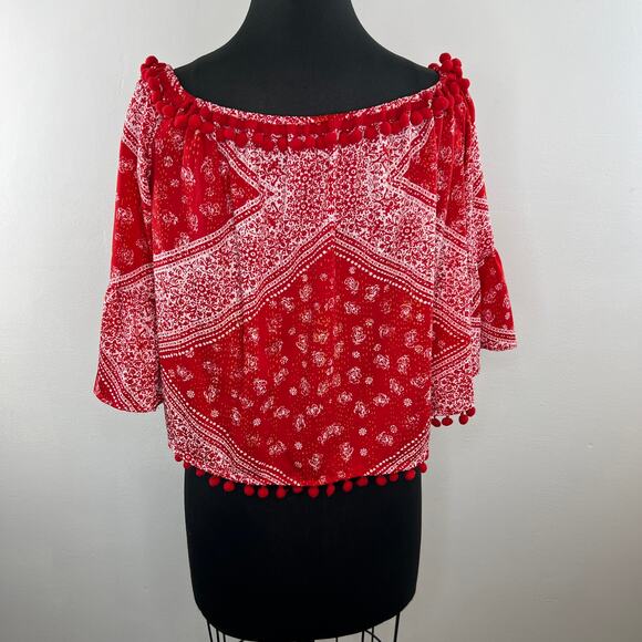 TULAROSA Alex Cherry Red White Bandana Print Off-Shoulder Pom Pom Top Blouse M - Picture 6 of 9